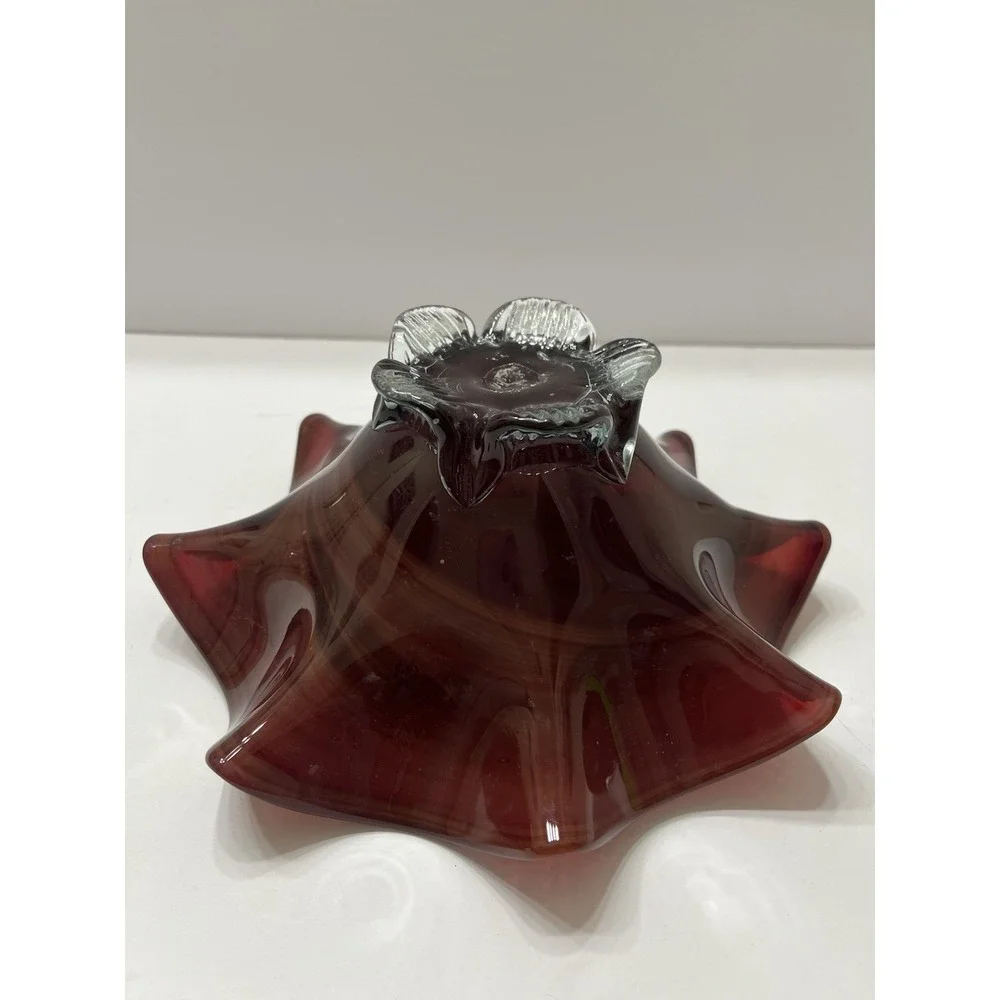 Vintage Art Glass Bowl Hand Blown Ruby Red Ruffle Edge Clear Pedestal  8.75x4